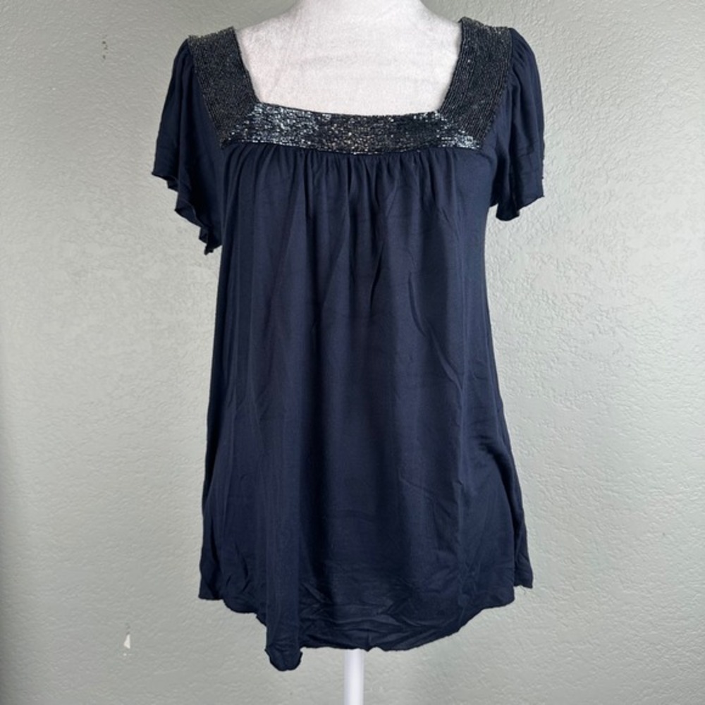 Matty M Blouse Women Size XS Navy Blue‎ Beaded Square Neckline Flutter Sleeve